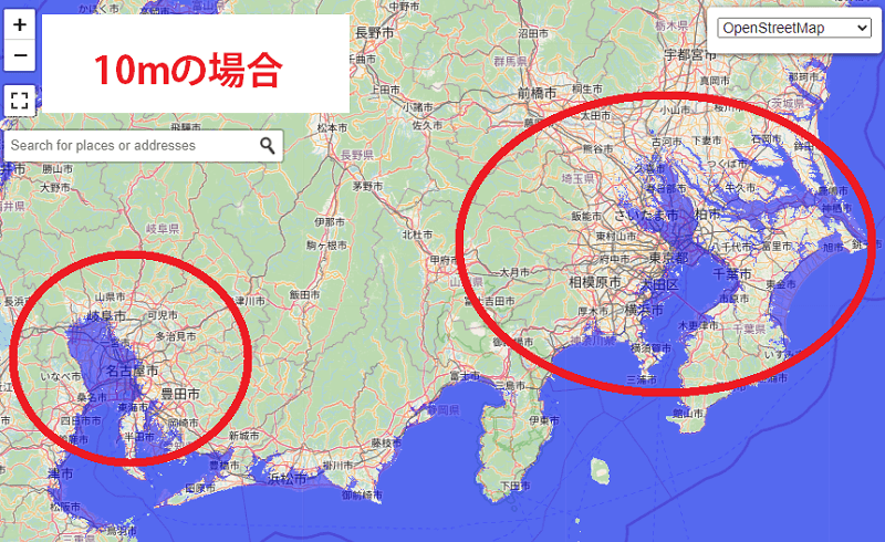 想定10mの津波の浸水区域