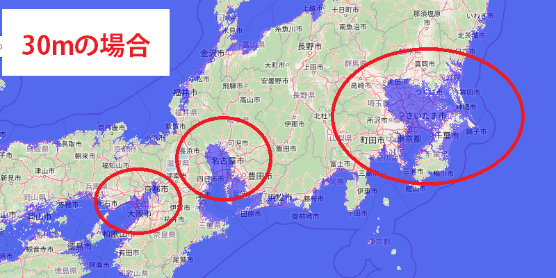想定30mの津波の浸水区域
