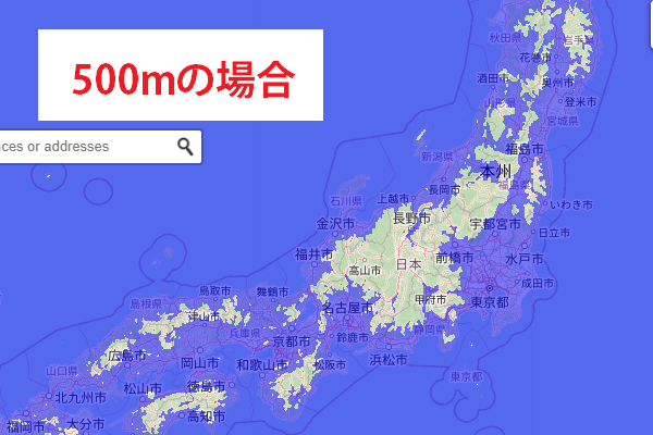 想定500mの津波の浸水区域